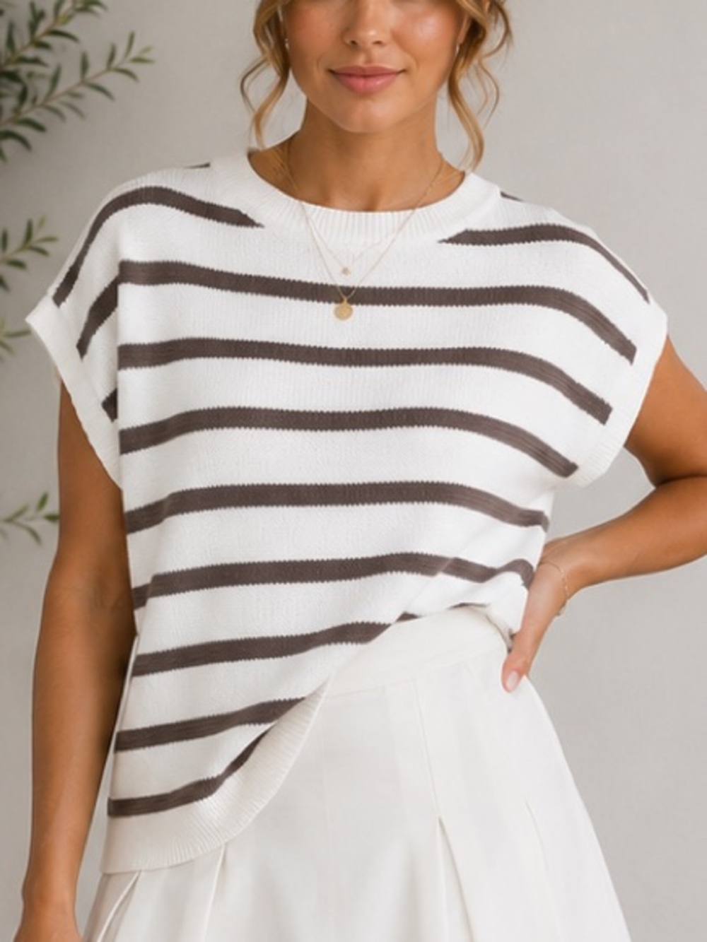 Striped Knit Cap Sleeve Top in White and Brown